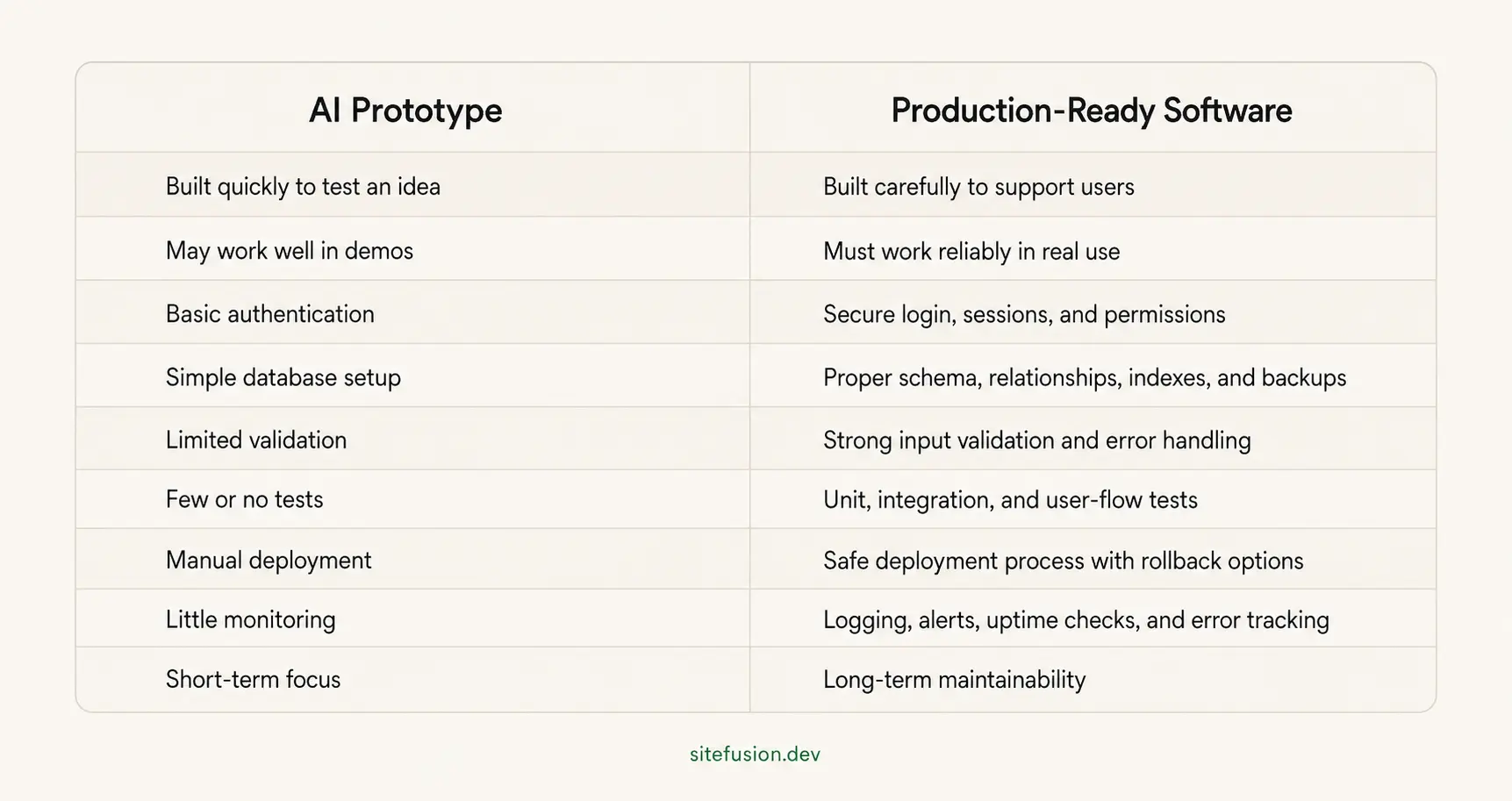 Ai prototype vs production ready softwares - sitefusion.dev